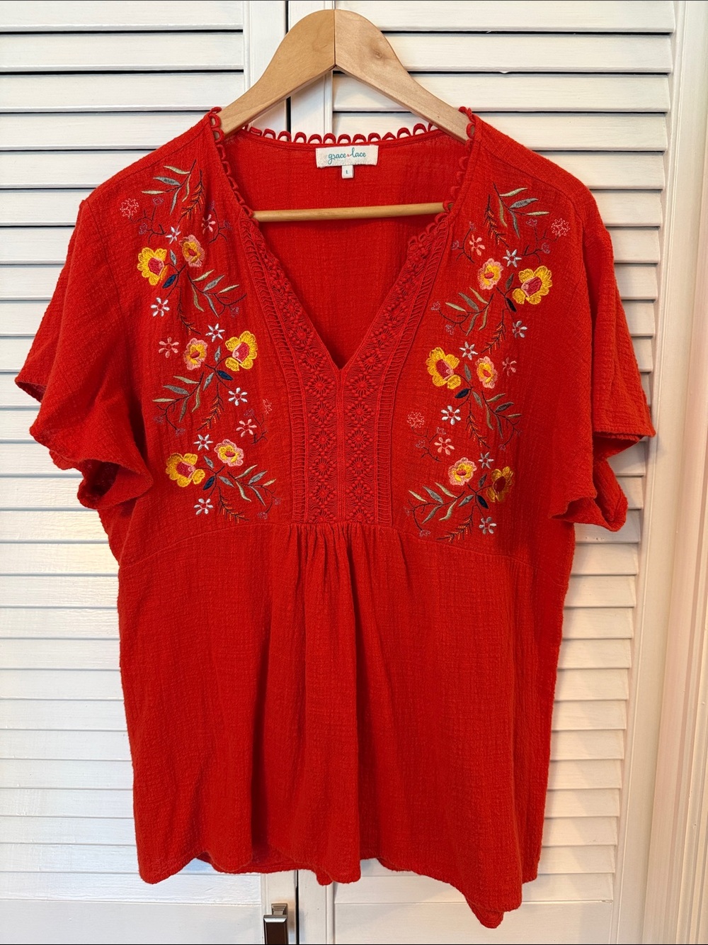 Grace & Lace Red Embroidered V-Neck Tunic